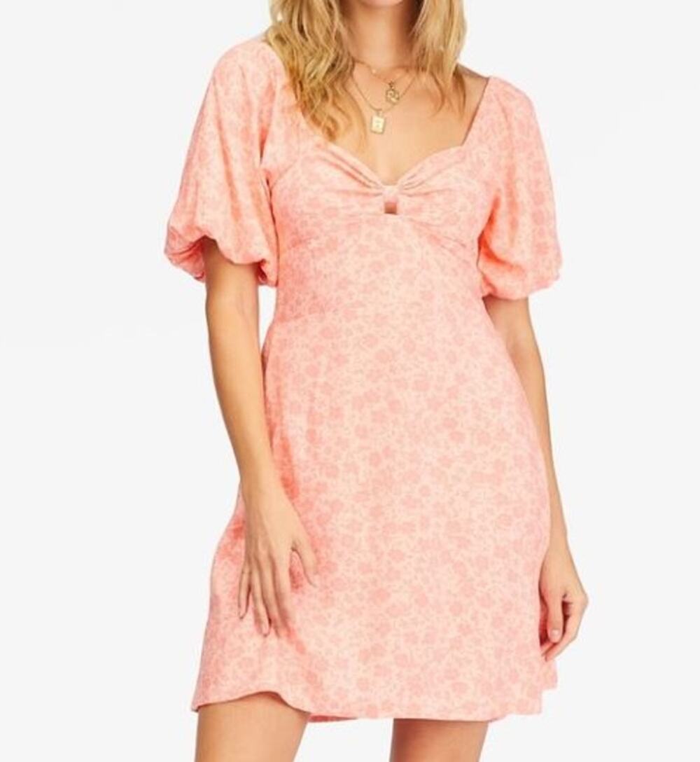 Billabong Loving Life Pink Life’s a Peach Floral Puff Sleeve Mini Dress Large